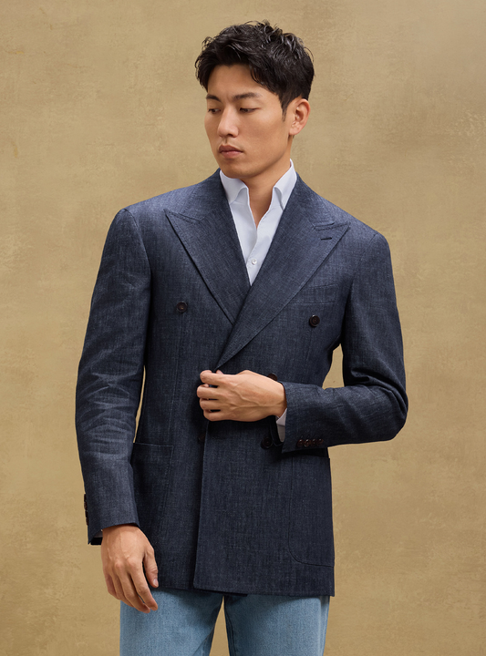 MT GERALD - Blazer double breasted 6x2, desestruturado, jeans de cânhamo com algodão, com lapela notched - Azul Jeans SKR