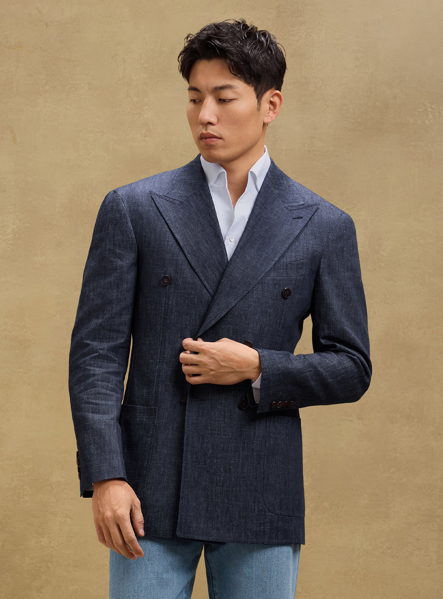 MT GERALD - Blazer double breasted 6x2, desestruturado, jeans de cânhamo com algodão,  com lapela notched - Azul Jeans SKR