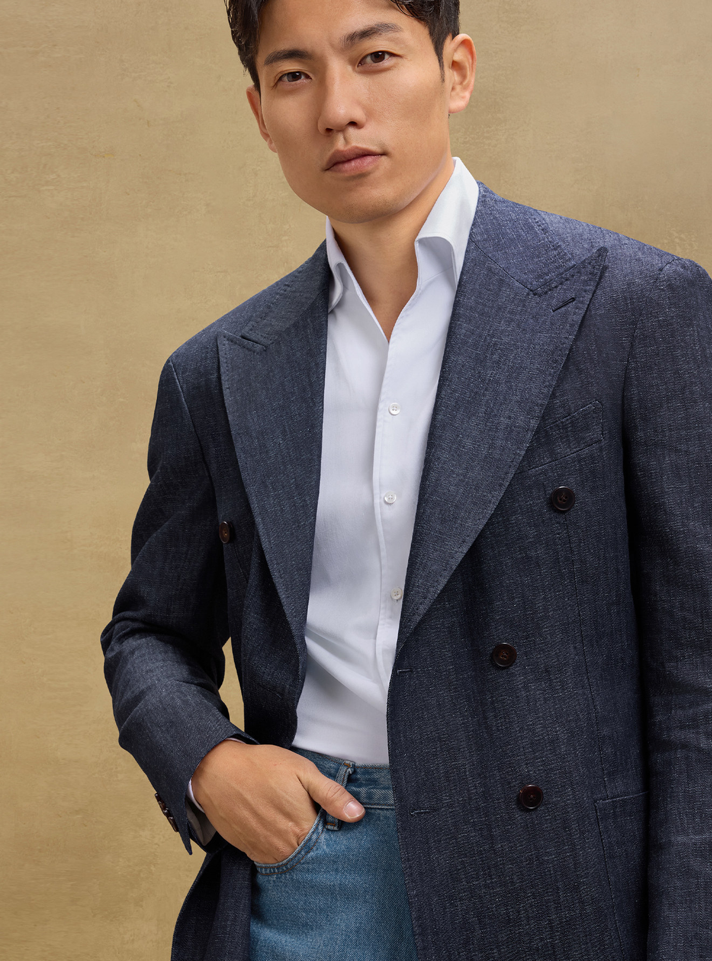MT GERALD - Blazer double breasted 6x2, desestruturado, jeans de cânhamo com algodão,  com lapela notched - Azul Jeans SKR