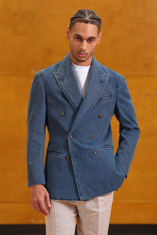 Blazer double breasted 6x2, desestruturado com lapela peak, 100% algodão - JEANS  ACT