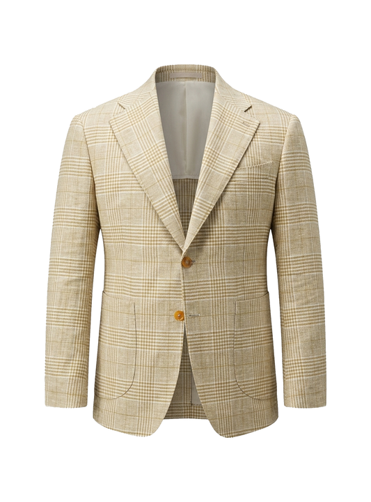 Blazer desestruturado single breasted, 100% linho 195g/m², lapela notched large - Príncipe de Gales Khaki PPR