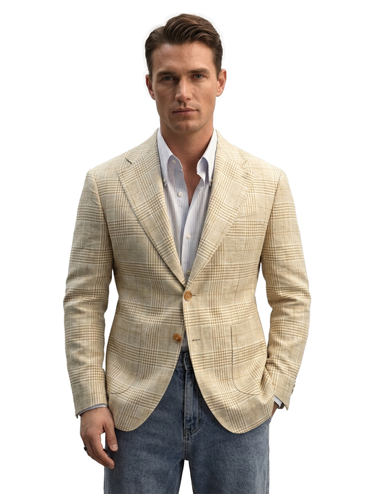 Blazer desestruturado single breasted, 100% linho 195g/m², lapela notched large - Príncipe de Gales Khaki PPR