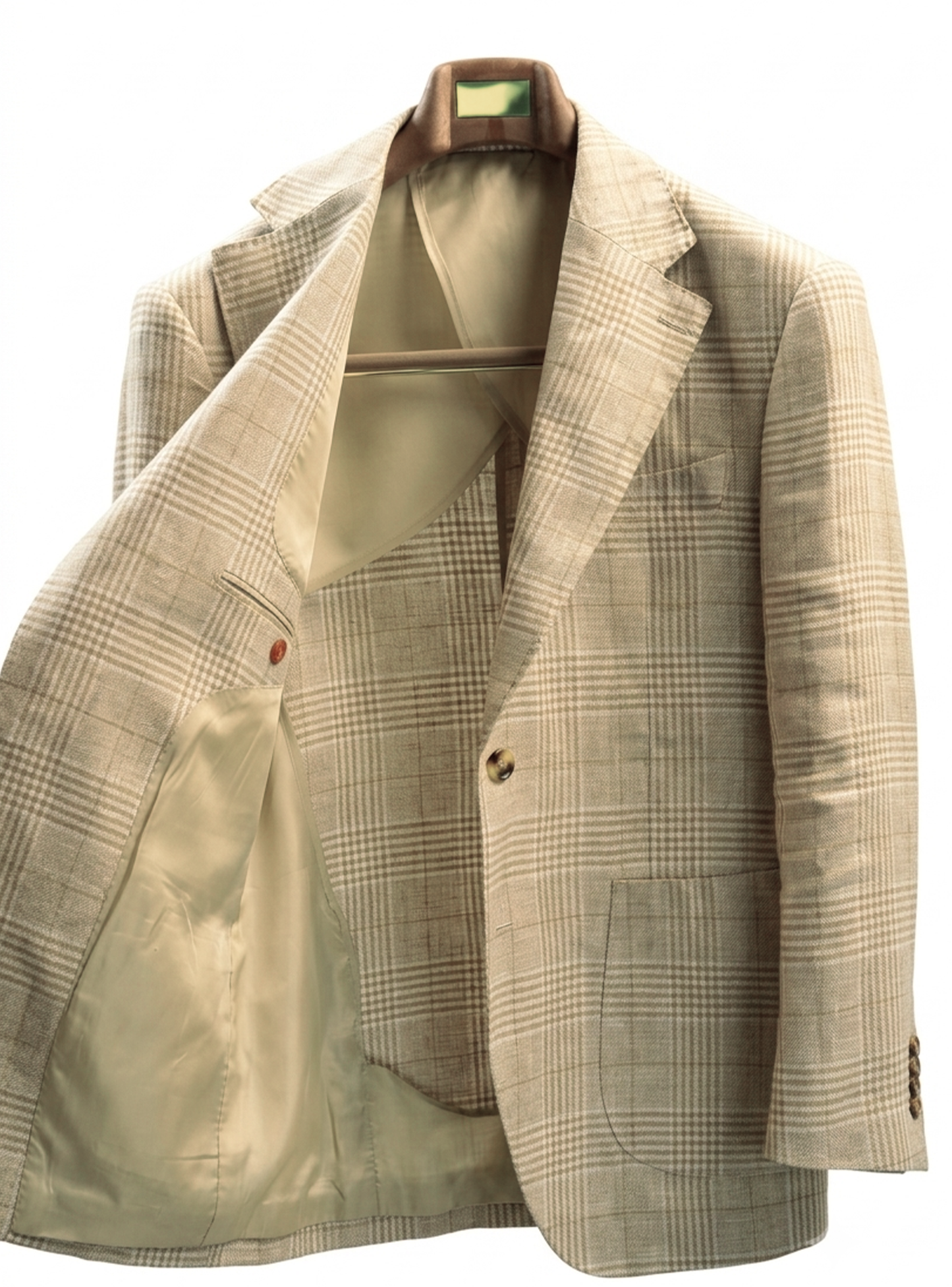 Blazer desestruturado single breasted, 100% linho 195g/m², lapela notched large - Príncipe de Gales Khaki PPR