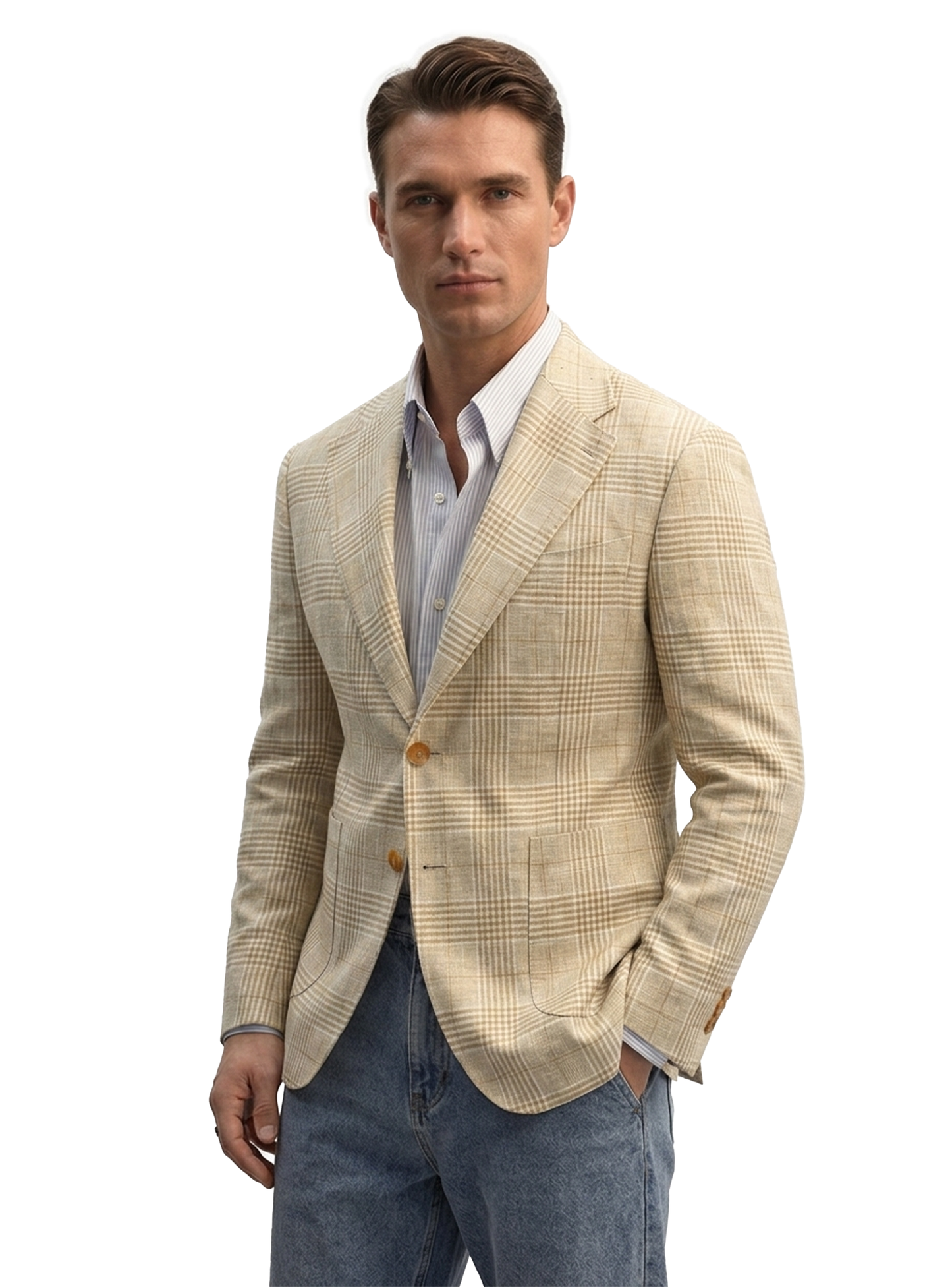Blazer desestruturado single breasted, 100% linho 195g/m², lapela notched large - Príncipe de Gales Khaki PPR