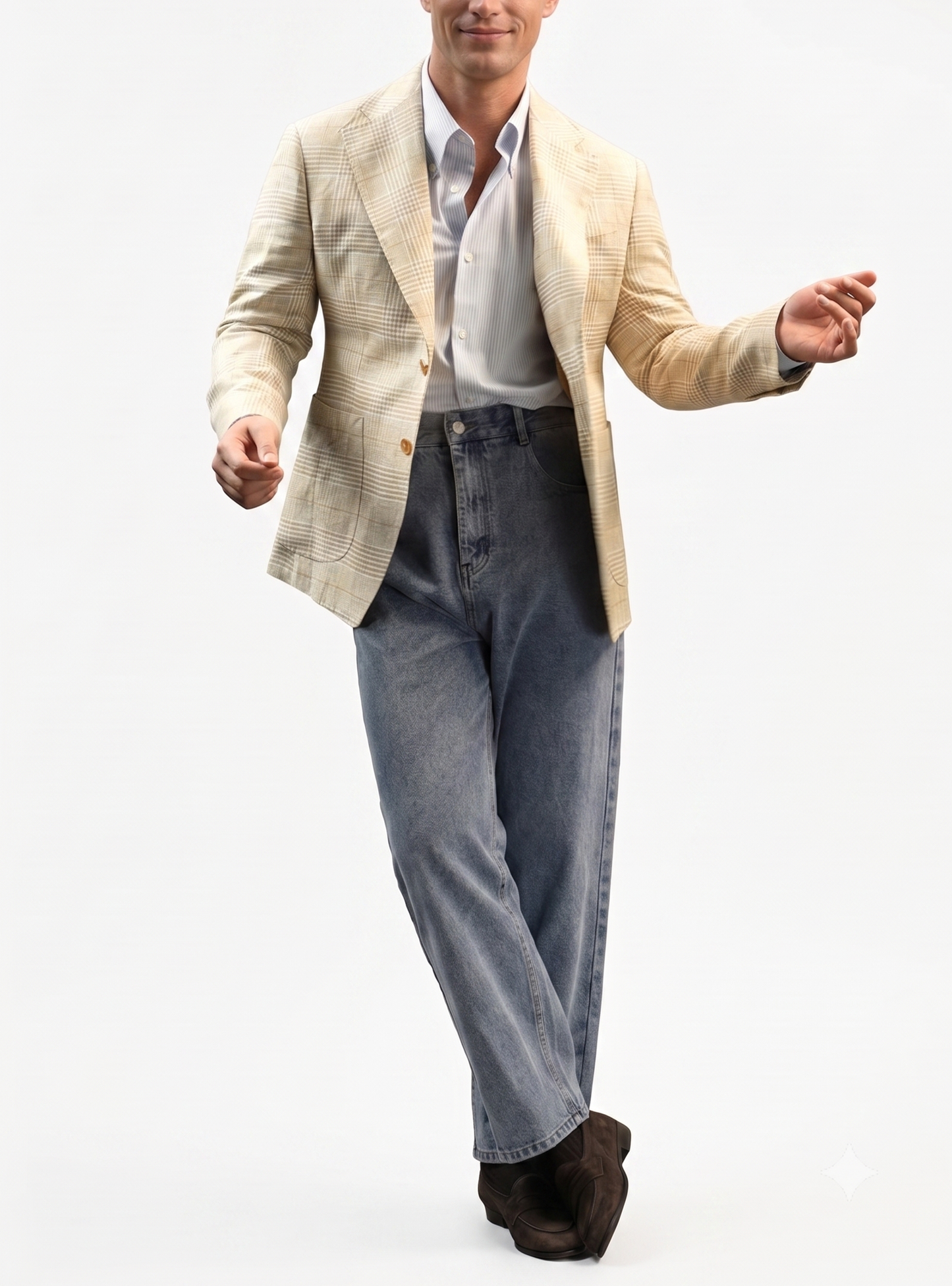 Blazer desestruturado single breasted, 100% linho 195g/m², lapela notched large - Príncipe de Gales Khaki PPR