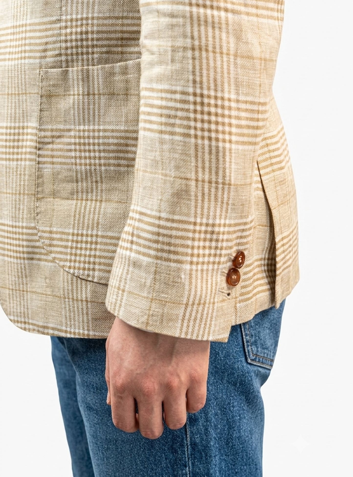 Blazer desestruturado single breasted, 100% linho 195g/m², lapela notched large - Príncipe de Gales Khaki PPR