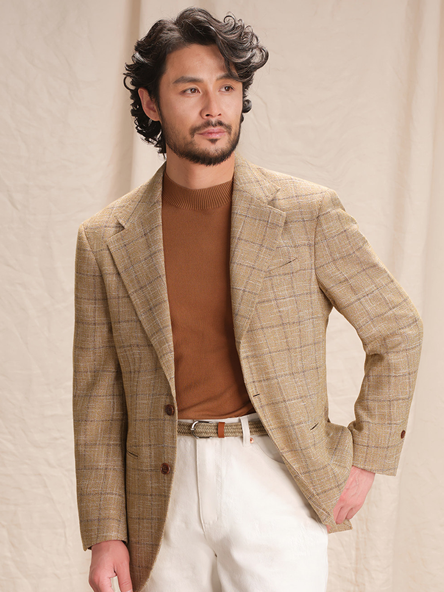 Blazer single breasted, desestruturado com lapela notched, lã mista - Khaki Windowpane - CULTUM