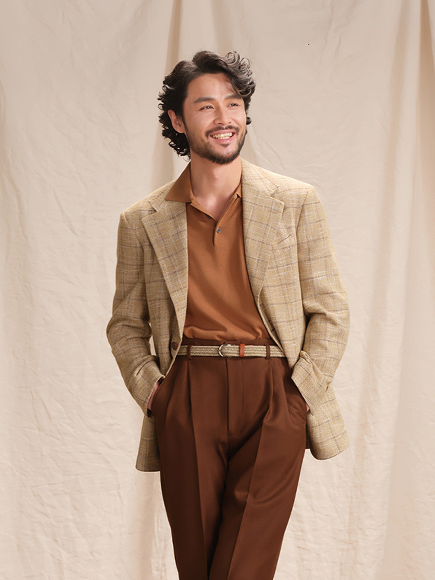 Blazer single breasted, desestruturado com lapela notched, lã mista - Khaki Windowpane - CULTUM