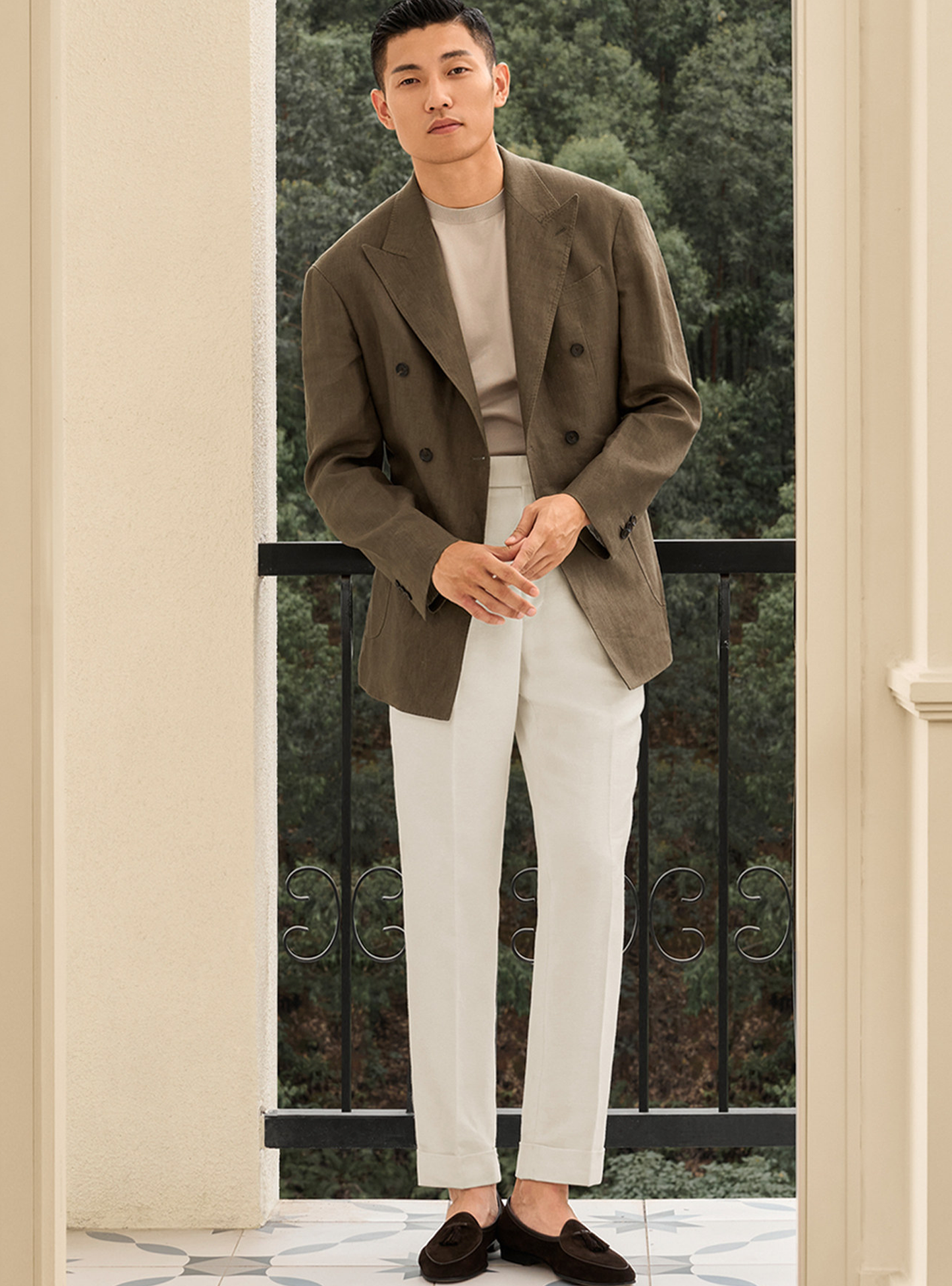 MT GERALD - Blazer double breasted 6x2, half linen, 100% linho,  estrutura half canvas com lapela peak - Marrom SKR