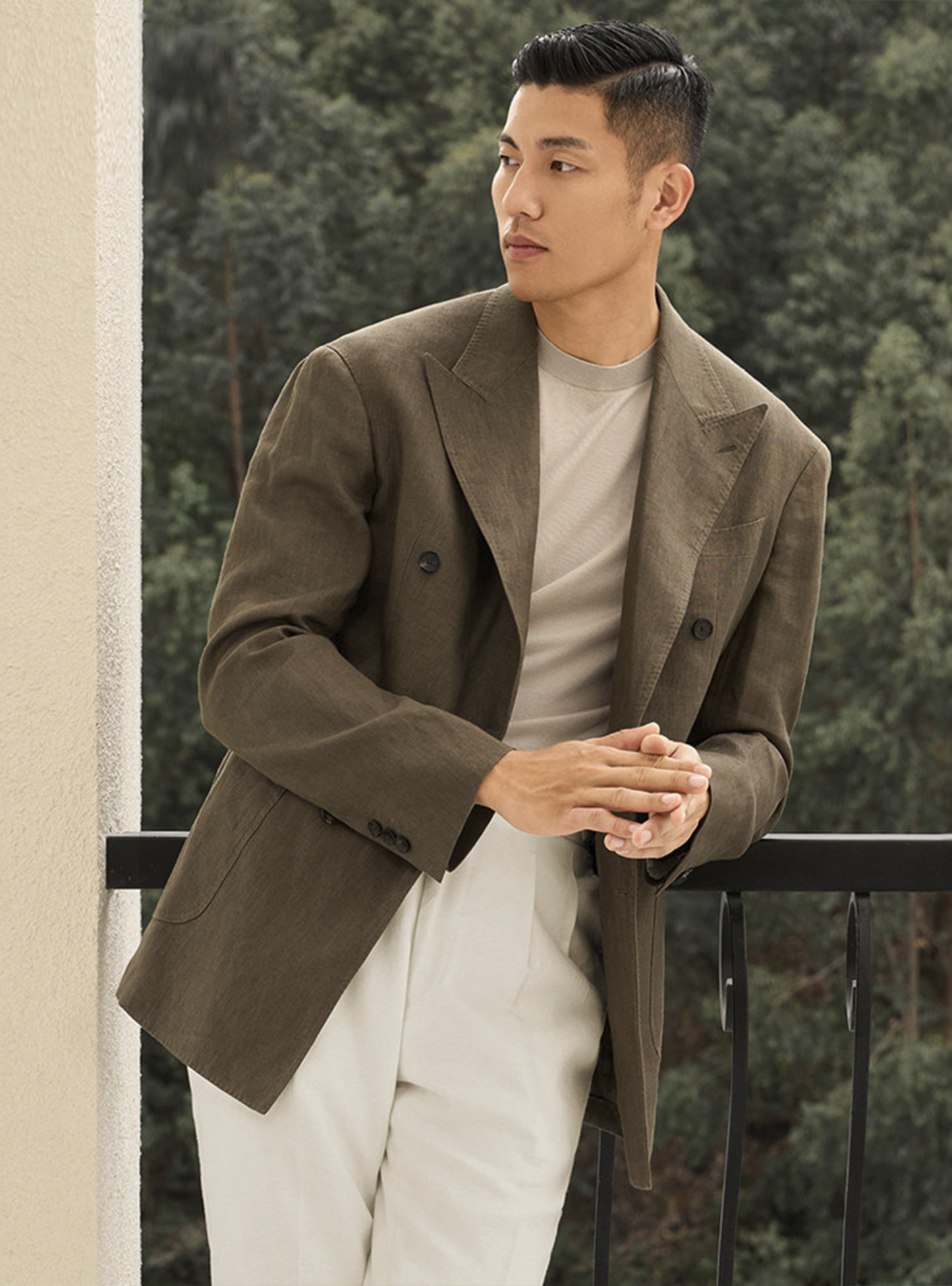 MT GERALD - Blazer double breasted 6x2, half linen, 100% linho,  estrutura half canvas com lapela peak - Marrom SKR