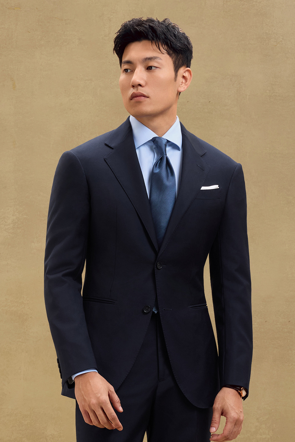 Lanifício Vitale Barberis Canônico- Costume single breasted, half canvas, em lã 21 micron COVERT , lapela notched -Azul Marinho SKA