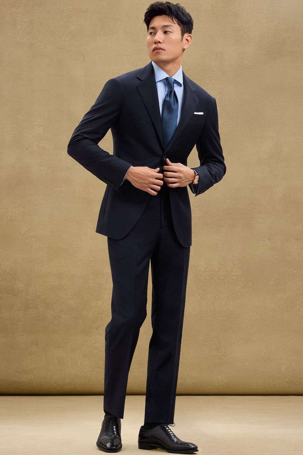 Lanifício Vitale Barberis Canônico- Costume single breasted, half canvas, em lã 21 micron COVERT , lapela notched -Azul Marinho SKA