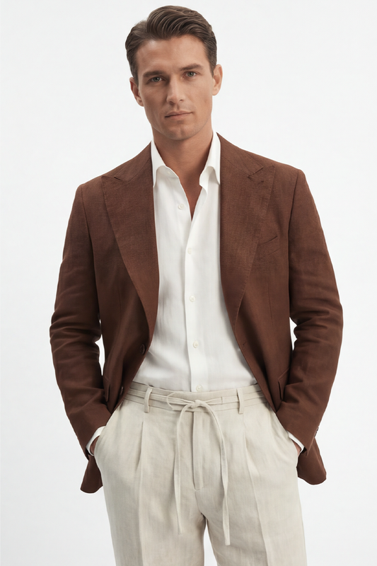 Blazer em linho puro, desestruturado single breasted, com bolsos flap e lapela peak large - Marrom PPR