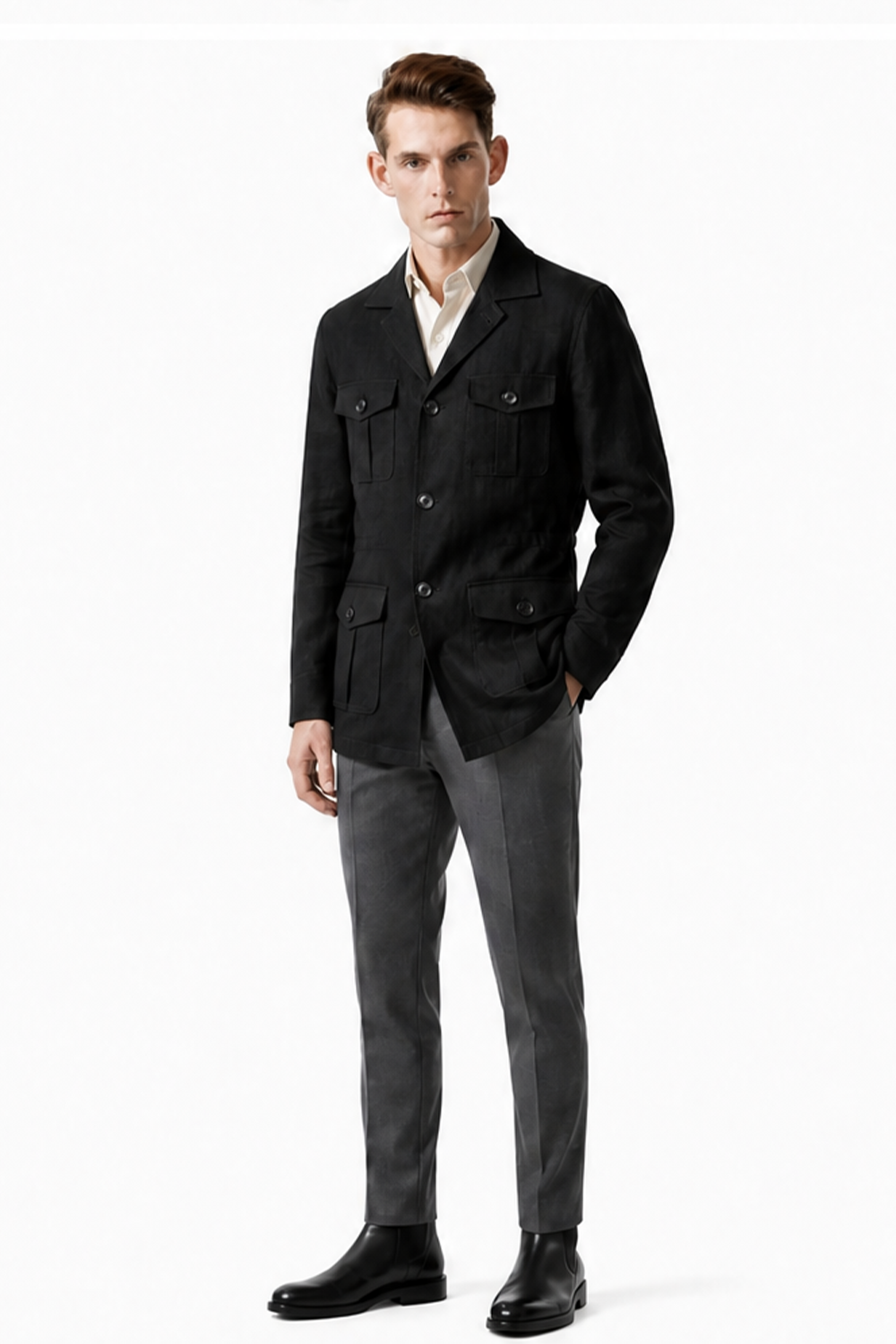 Safari Jacket desestruturado, com ajuste interno, em linho com tencel - Preto BsLee