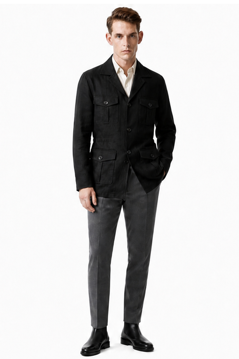 Safari Jacket desestruturado, com ajuste interno, em linho com tencel - Preto BsLee