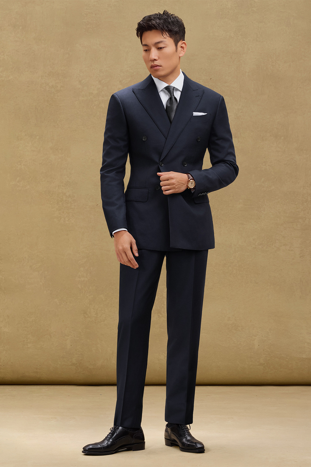 Lanifício MT GERALD - Costume double breasted 6x2, half canvas, em lã merino super 110 18.25 µ , lapela peak - Azul Marinho SKA