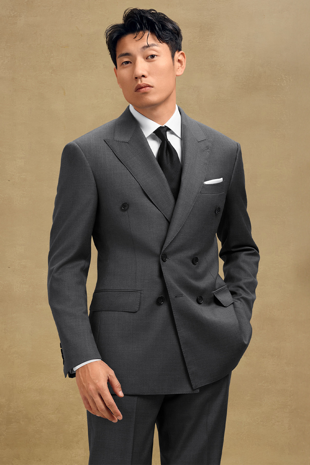 Lanifício MT GERALD - Costume double breasted 6x2, half canvas, em lã merino super 110 18.25 µ , lapela peak - Cinza SKA