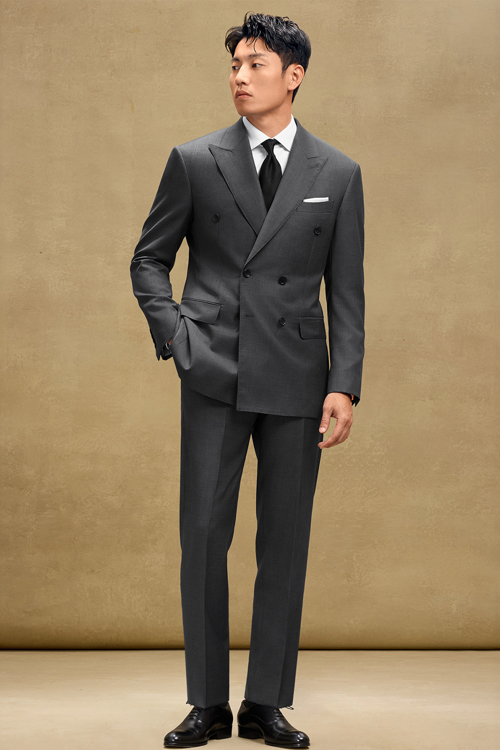 Lanifício MT GERALD - Costume double breasted 6x2, half canvas, em lã merino super 110 18.25 µ , lapela peak - Cinza SKA