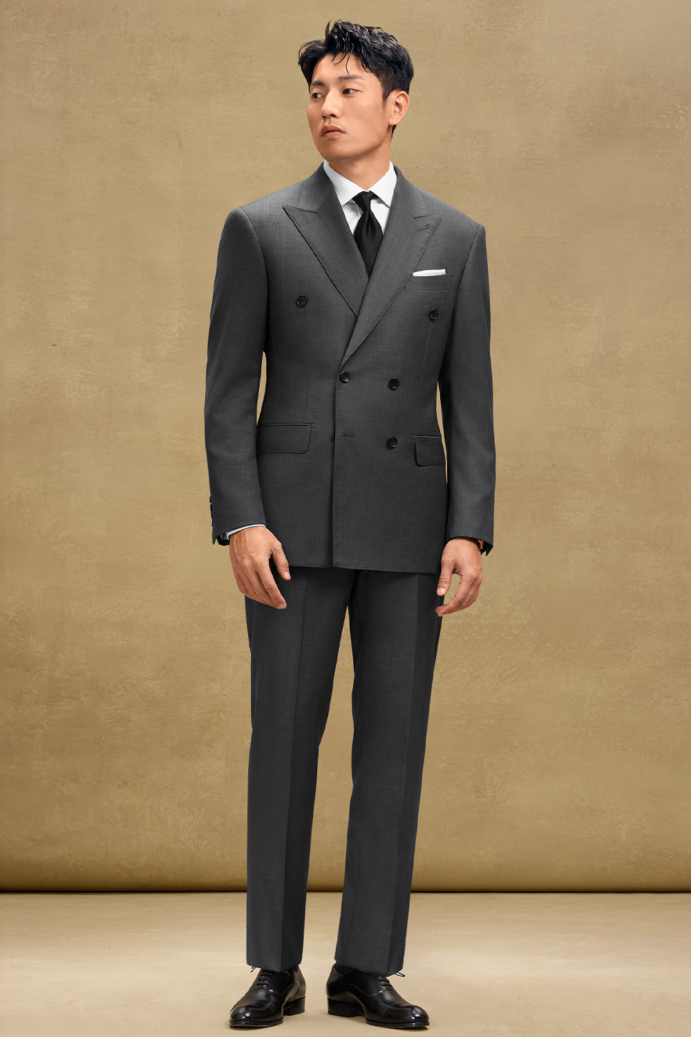 Lanifício MT GERALD - Costume double breasted 6x2, half canvas, em lã merino super 110 18.25 µ , lapela peak - Cinza SKA