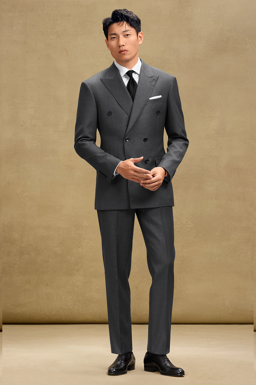 Lanifício MT GERALD - Costume double breasted 6x2, half canvas, em lã merino super 110 18.25 µ , lapela peak - Cinza SKA