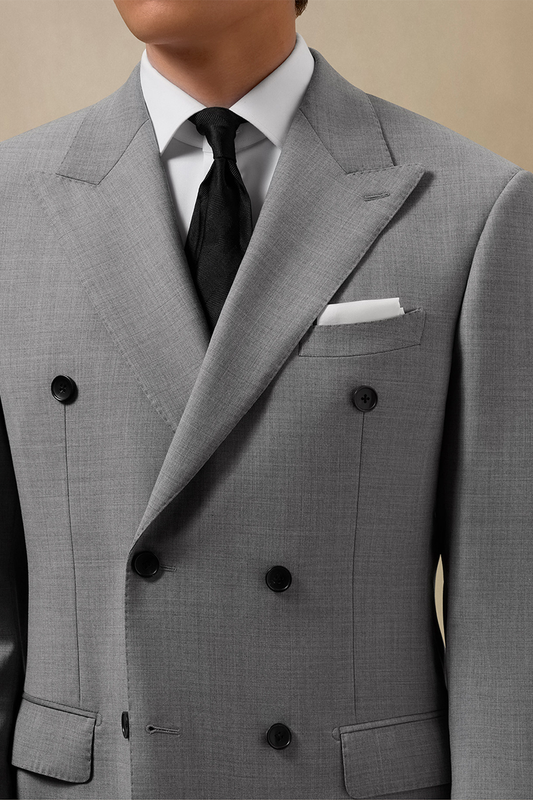 Lanifício MT GERALD - Costume double breasted 6x2, half canvas, em lã merino super 110 18.25 µ , lapela peak - Cinza Claro SKA