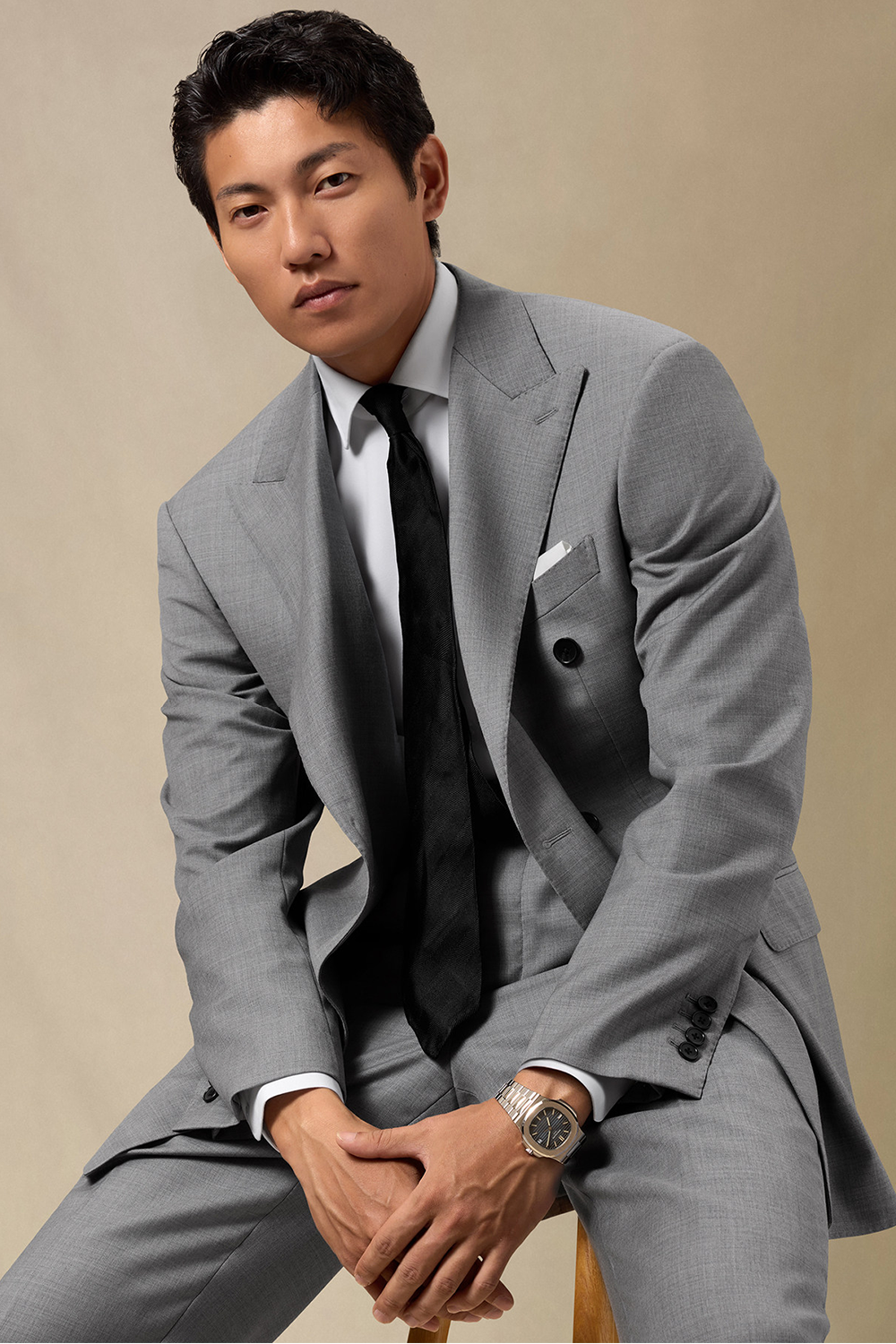 Lanifício MT GERALD - Costume double breasted 6x2, half canvas, em lã merino super 110 18.25 µ , lapela peak - Cinza Claro SKA