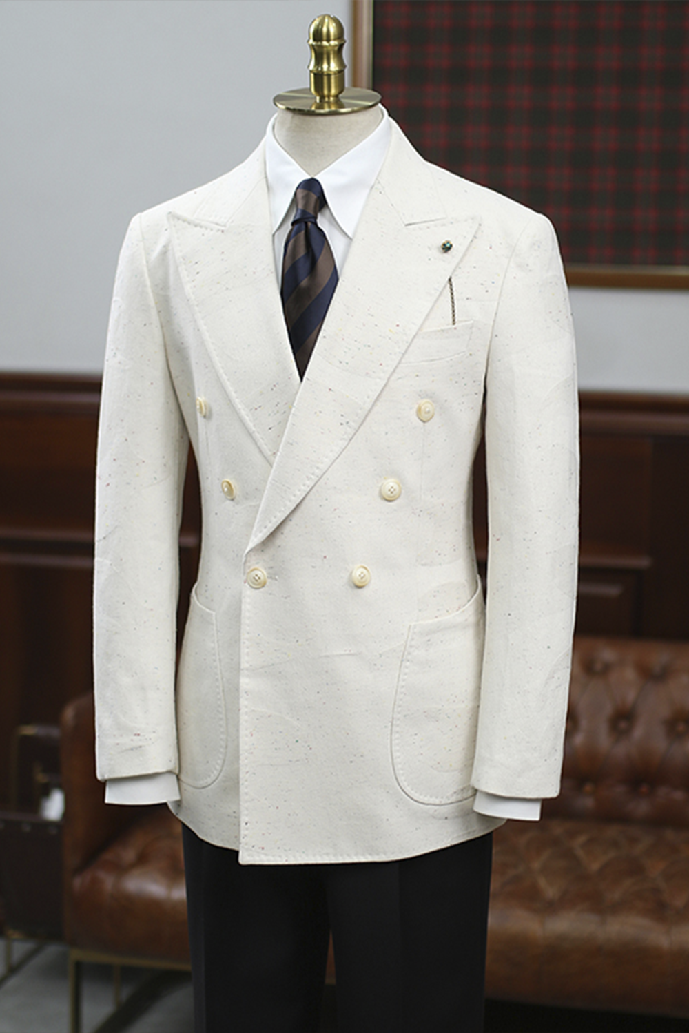 Blazer em algodão speckled, double breasted 6x1, com lapela peak - Nep Branco Damasco HNR