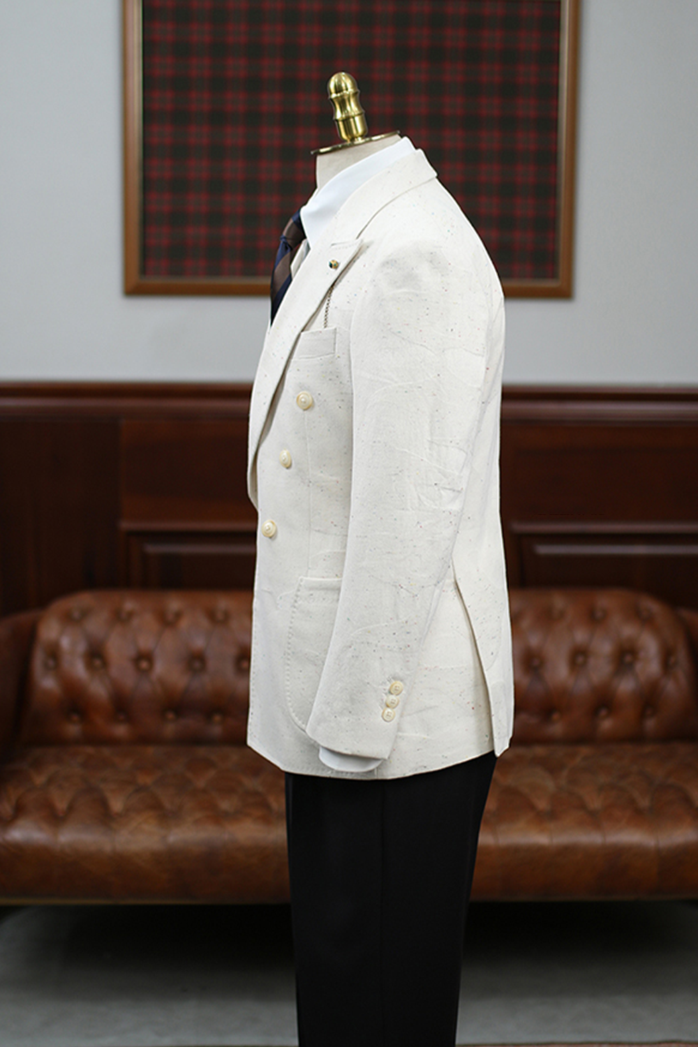 Blazer em algodão speckled, double breasted 6x1, com lapela peak - Nep Branco Damasco HNR