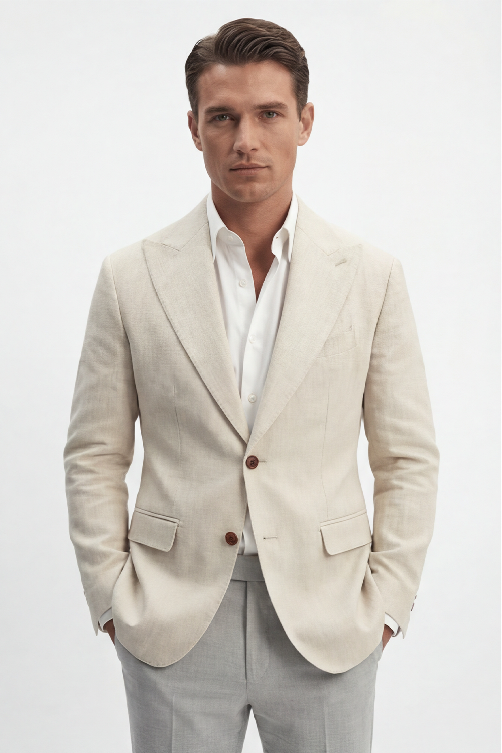 Blazer em linho puro, desestruturado single breasted, com bolsos flap e lapela peak large - Off White PPR