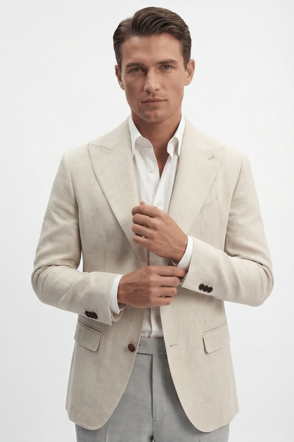 Blazer em linho puro, desestruturado single breasted, com bolsos flap e lapela peak large - Off White PPR