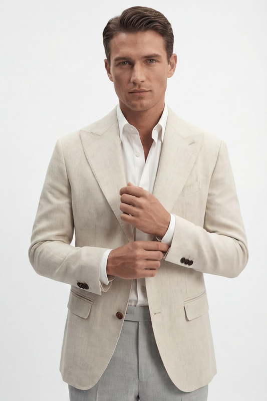 Blazer em linho puro, desestruturado single breasted, com bolsos flap e lapela peak large - Off White PPR