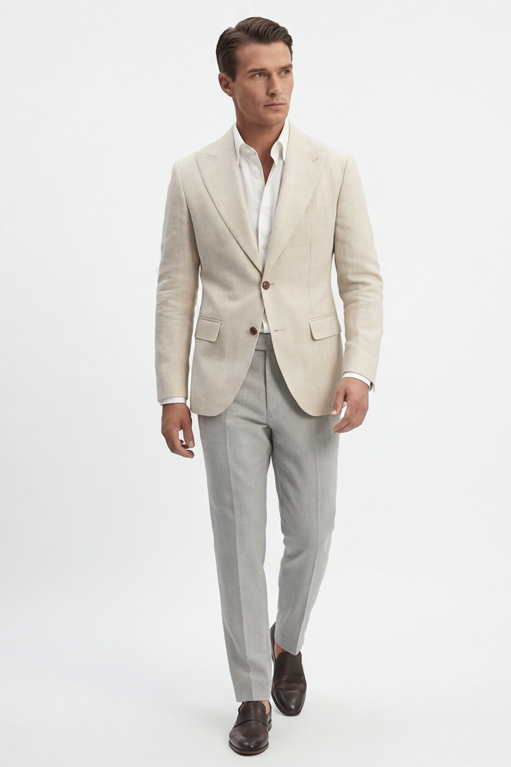 Blazer em linho puro, desestruturado single breasted, com bolsos flap e lapela peak large - Off White PPR