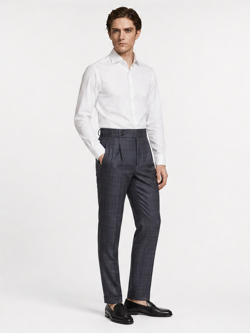 Calça em modelagem italiana, em lã tropical com cintura alta e ajustadores laterais - Glen Plaid, com overcheck laranja