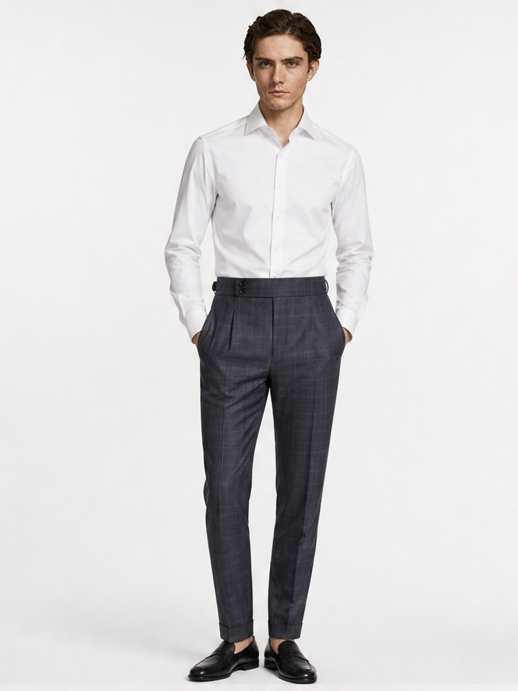 Calça em modelagem italiana, em lã tropical com cintura alta e ajustadores laterais - Glen Plaid, com overcheck laranja