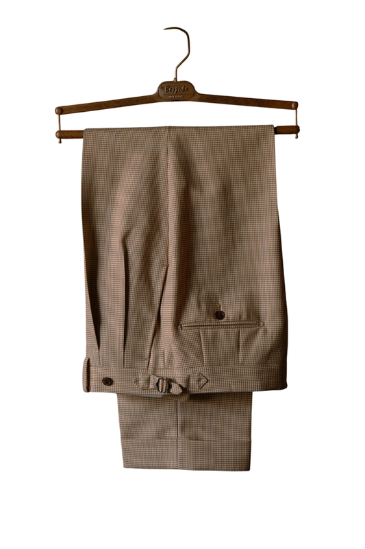 UGENTLE - Calça em lã merino, super 120's 17.75 micron, com pregas duplas, barra italiana e ajustadores laterais - Terra Cota Pied-De-Poule