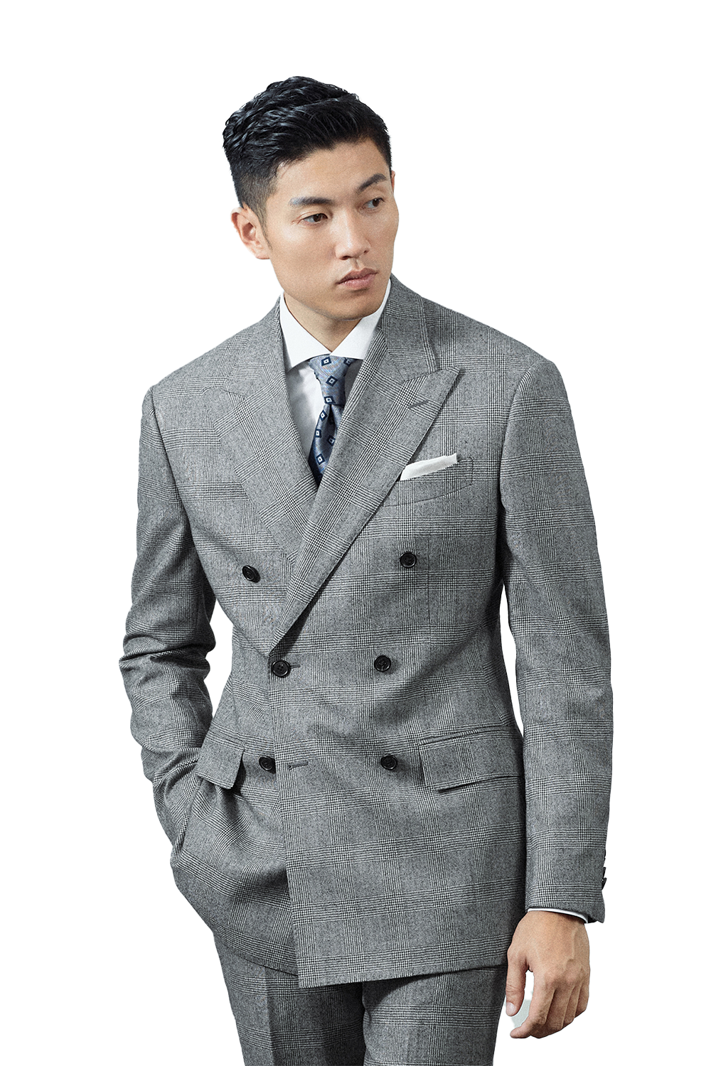 Costume double breasted, half canvas, em lã merino super 110 18.25 µ , lapela peak -  Cinza príncipe de galês