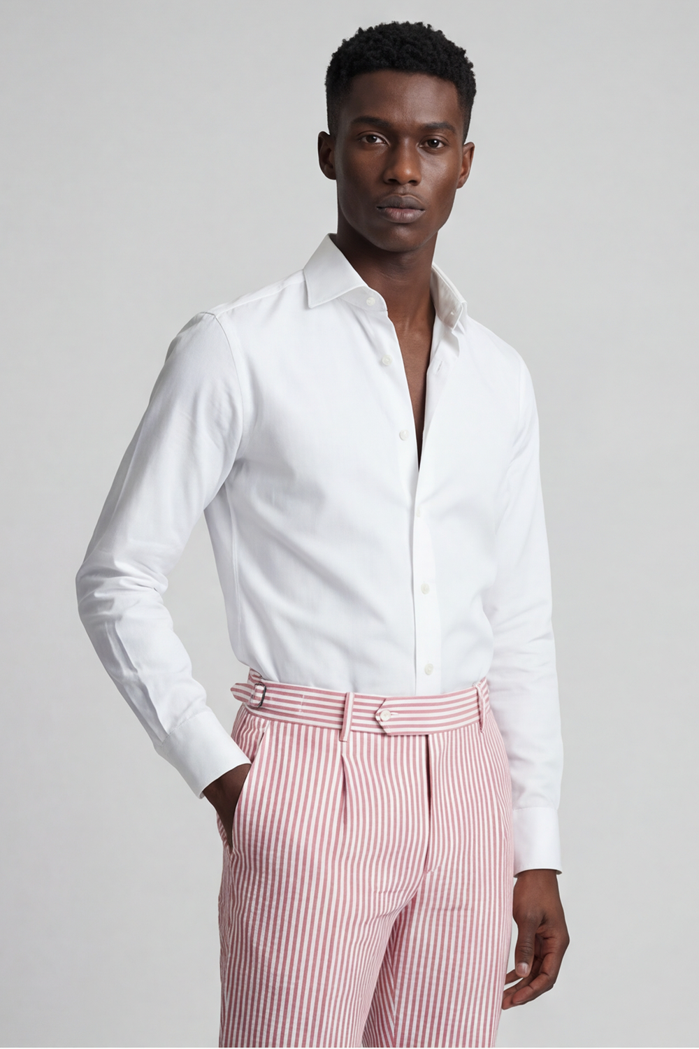 Calça em algodão seersuker, cintura alta, com ajustadores laterais e passantes - Brit Rosa e branco