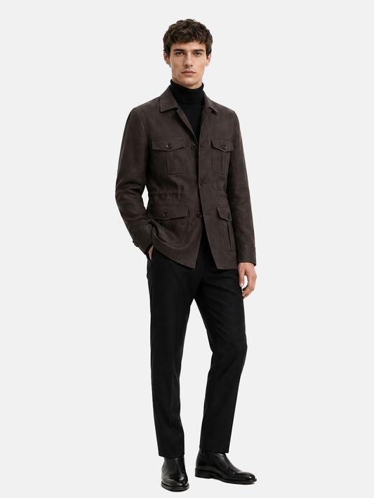 Safari Jacket desestruturado, com ajuste interno 100% linho - Marrom LINEN