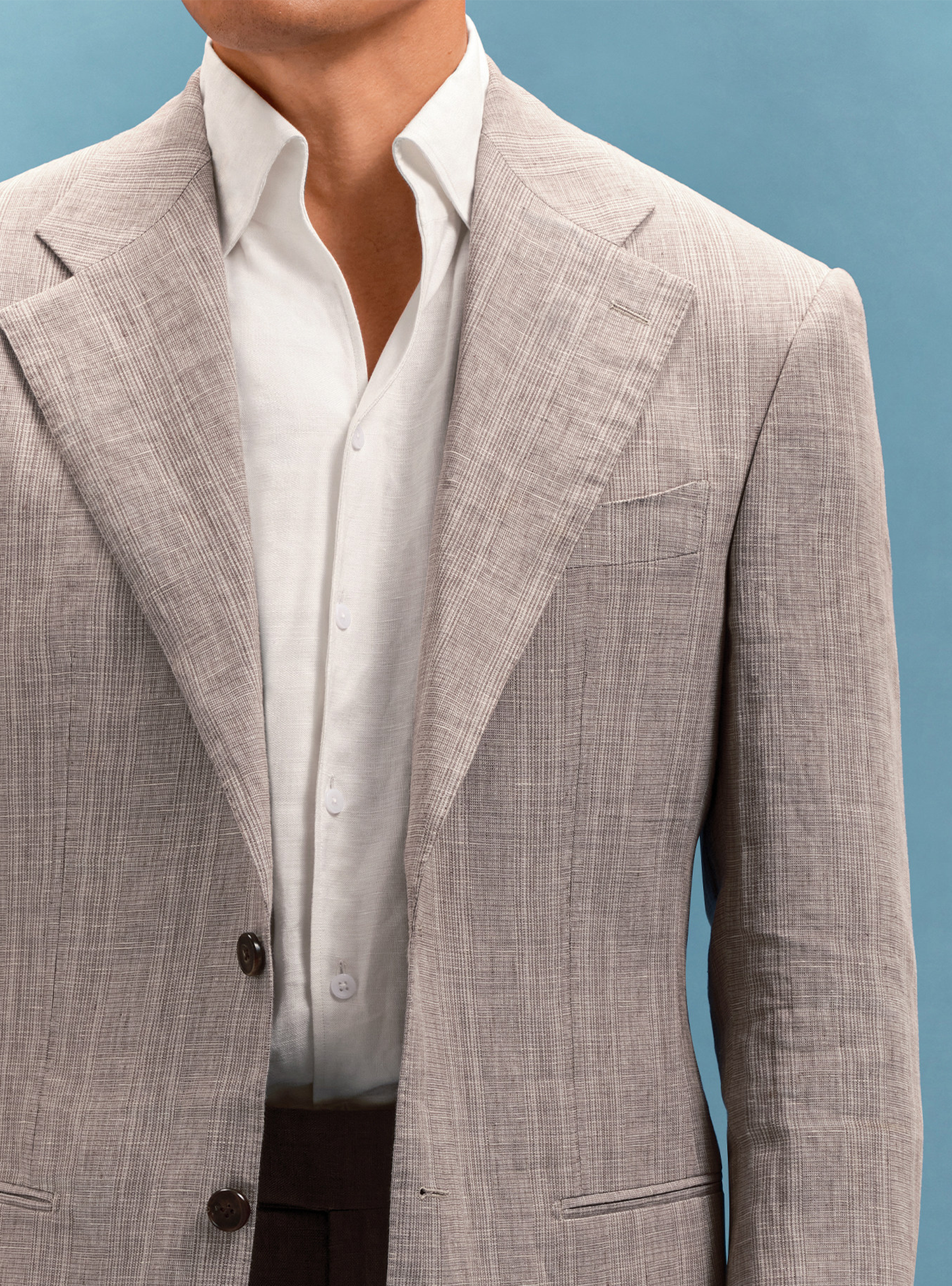 MT GERALD - Blazer single breasted, half canvas, 100% linho, com lapela notched larga - Taupe SKR