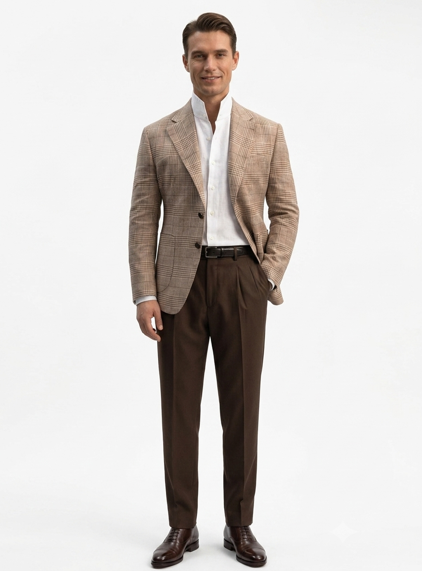 Blazer desestruturado single breasted, 100% linho 195g/m², lapela notched large - Príncipe de Gales Marrom terracota PPR