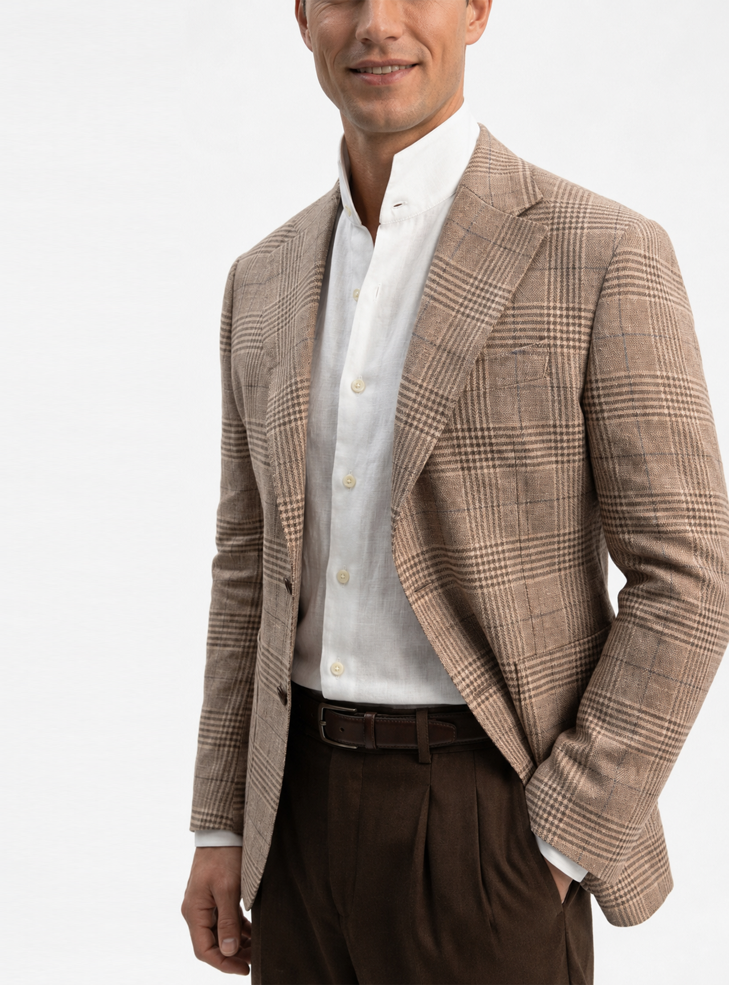Blazer desestruturado single breasted, 100% linho 195g/m², lapela notched large - Príncipe de Gales Marrom terracota PPR
