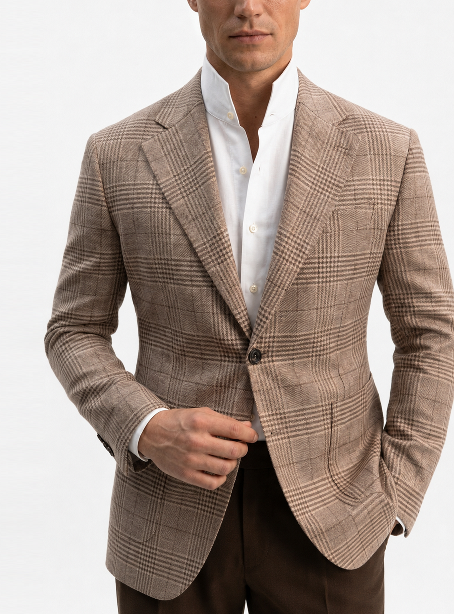 Blazer desestruturado single breasted, 100% linho 195g/m², lapela notched large - Príncipe de Gales Marrom terracota PPR