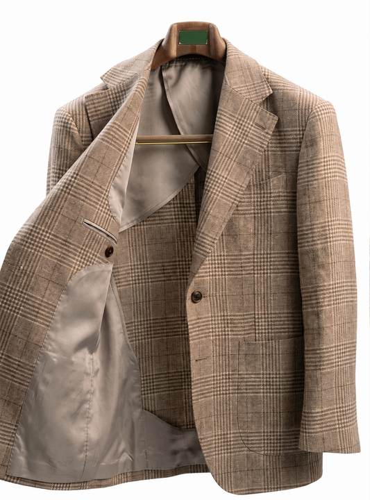Blazer desestruturado single breasted, 100% linho 195g/m², lapela notched large - Príncipe de Gales Marrom terracota PPR