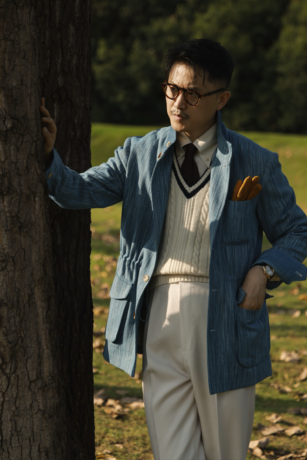 UGENTLE - Safari Jacket com forro, com ajuste interno lã com linho - Azul  - UGENTLE City & Wild