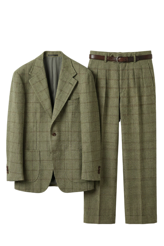 UGLENTLE  - Costume single breasted, half canvas, lapela notched, em lã merino super 100 18.75 µ, - Verde Oliva padronagem Glen Check UGLENTLE Time Travel Series