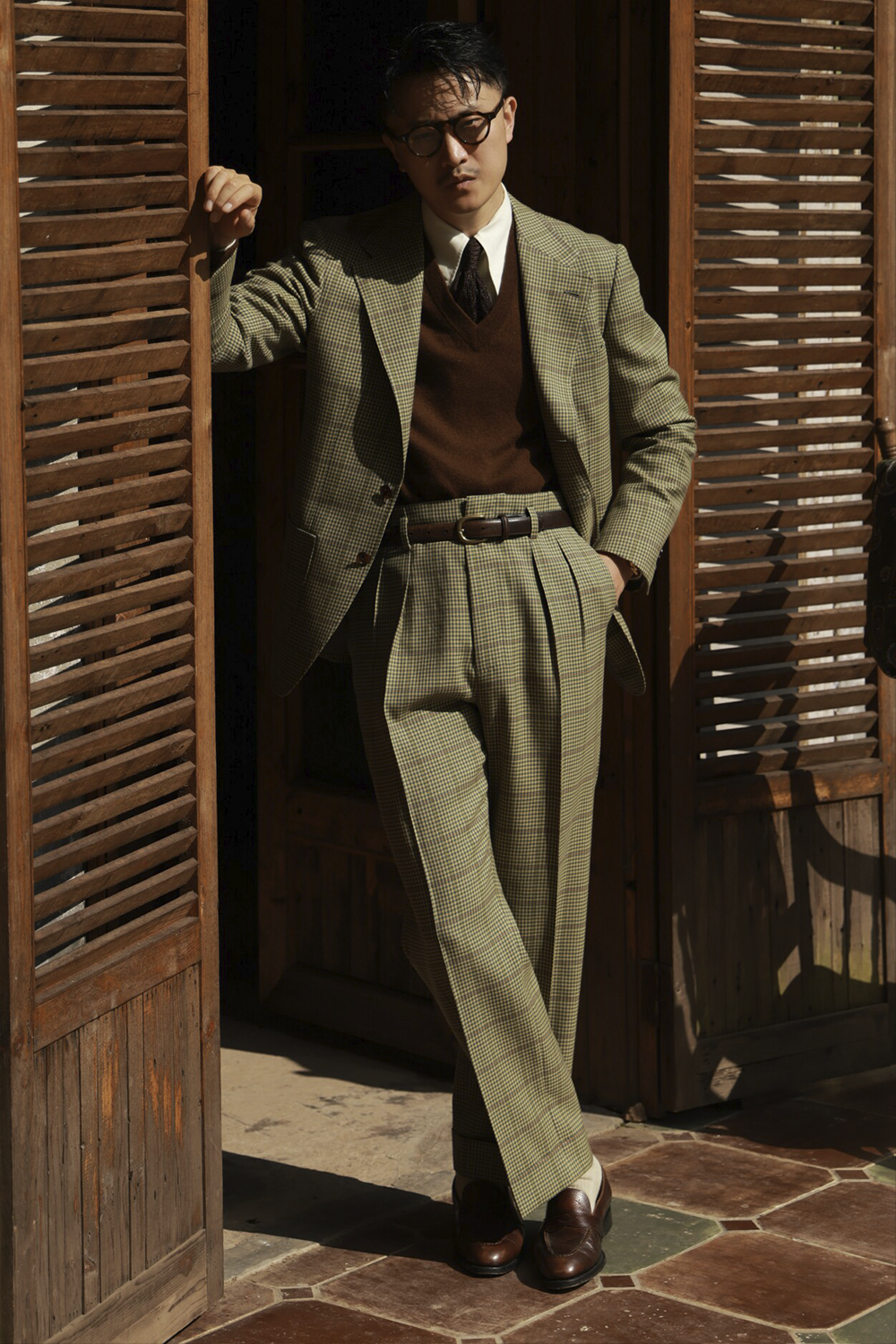 UGLENTLE  - Costume single breasted, half canvas, lapela notched, em lã merino super 100 18.75 µ, - Verde Oliva padronagem Glen Check UGLENTLE Time Travel Series