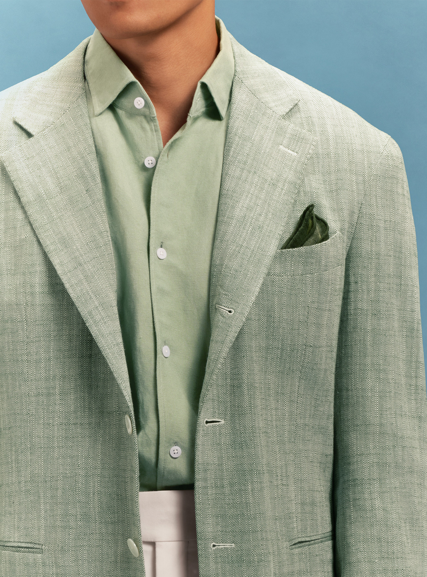 MT GERALD - Blazer desestruturado em linho com algodão, tecido espinha de peixe com lapela notched - Verde Celadon SKR