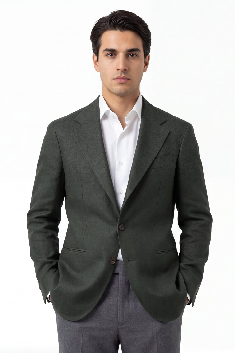 Blazer desestruturado single breasted em linho puro, com lapela notched e bolsos besom - Verde ACT