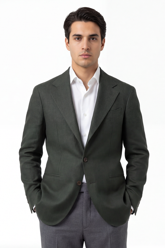 Blazer desestruturado single breasted em linho puro, com lapela notched e bolsos besom - Verde ACT