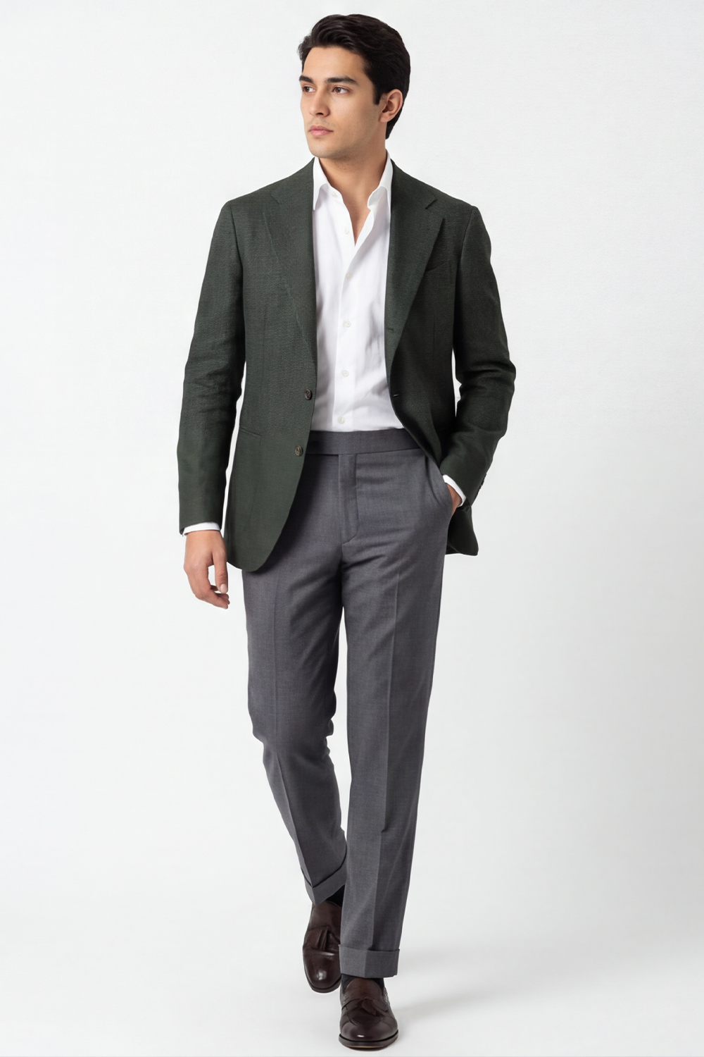 Blazer desestruturado single breasted em linho puro, com lapela notched e bolsos besom - Verde ACT